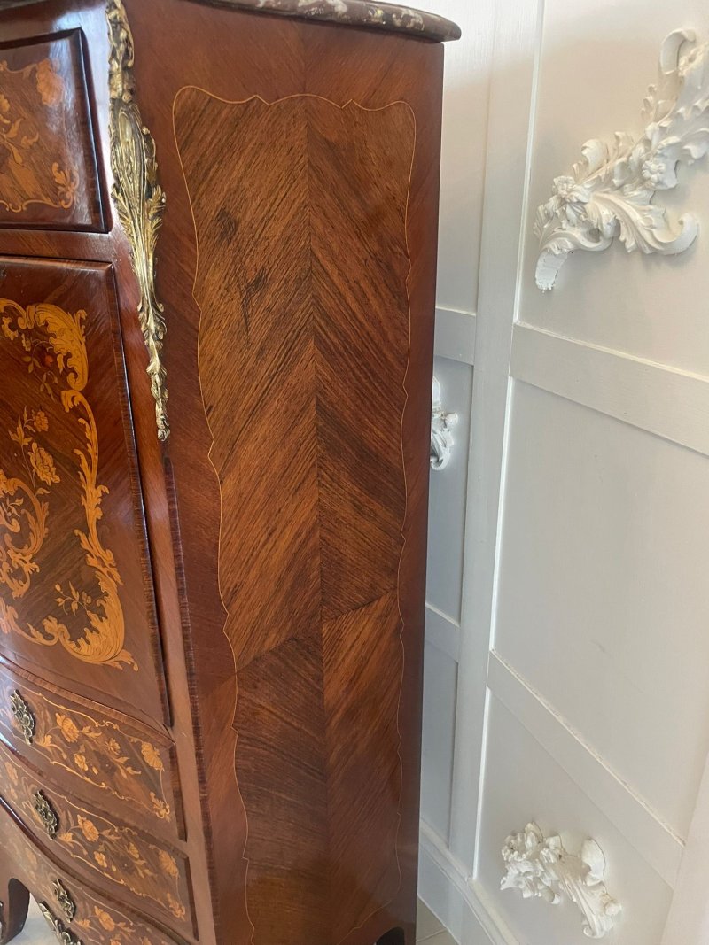 Antique Victorian French Quality Kingwood Marquetry Inlaid Marble Top Bombe Shaped Secretaire Chest - Image 10